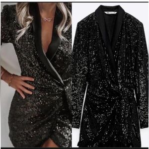 “Like New” Zara Black Sequin Blazer Wrap Tie Dress Size Small Women Bloggers Fav